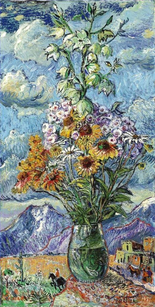 bouquet and mountains colorado 1951 Russian Oil Paintings
